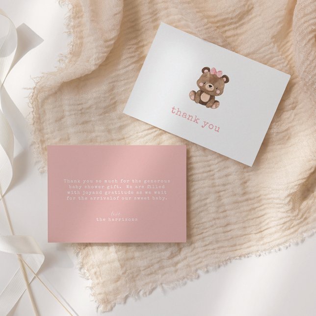 Minimalist Pink Bear Girl Baby Shower Thank You Card (Creator Uploaded)
