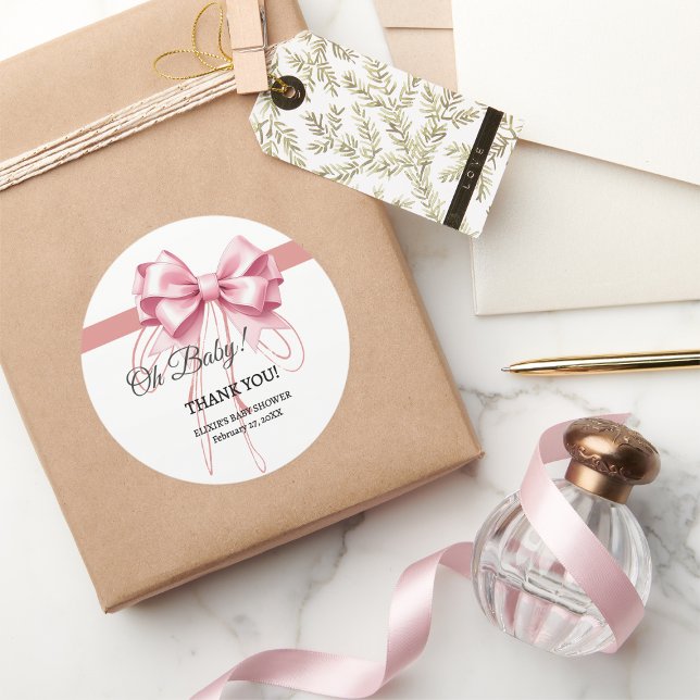 Minimalist Pink Bow Baby Shower Classic Round Sticker (Creator Uploaded)