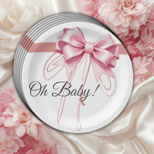 Minimalist Pink Bow Baby Shower Paper Plate