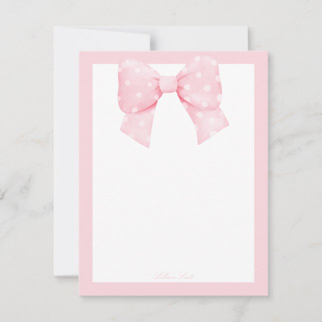 MInimalist Pink Bow Border Monogram Card (Front)