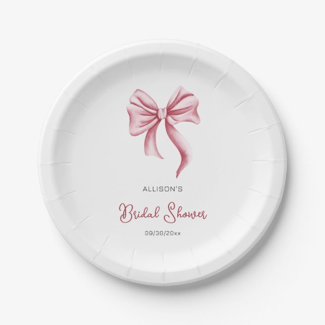 Minimalist Pink Bow Bridal Shower Paper Plate (Front)