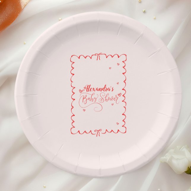 Minimalist Pink Bow Doodle Baby Shower Paper Plate (Creator Uploaded)