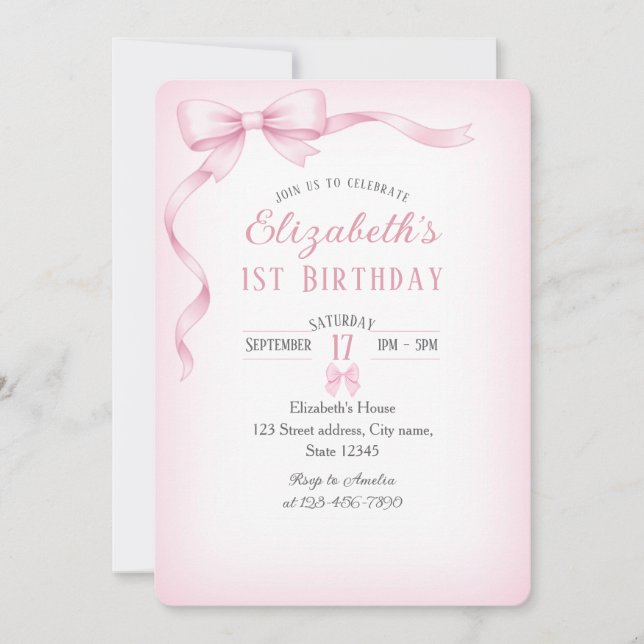 Minimalist Pink Bow First Birthday Invitation (Front)