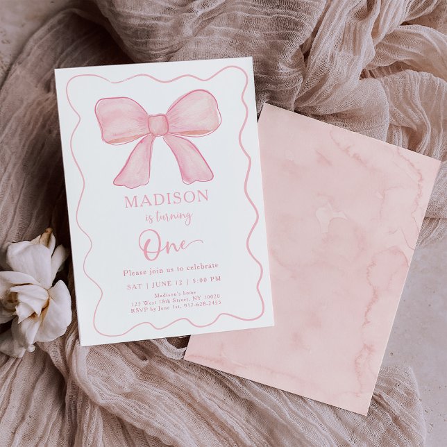 Minimalist Pink Bow Girl First Birthday Invitation (Creator Uploaded)