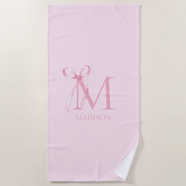 Minimalist Pink Bow Initial Monogram Beach Towel (Front)