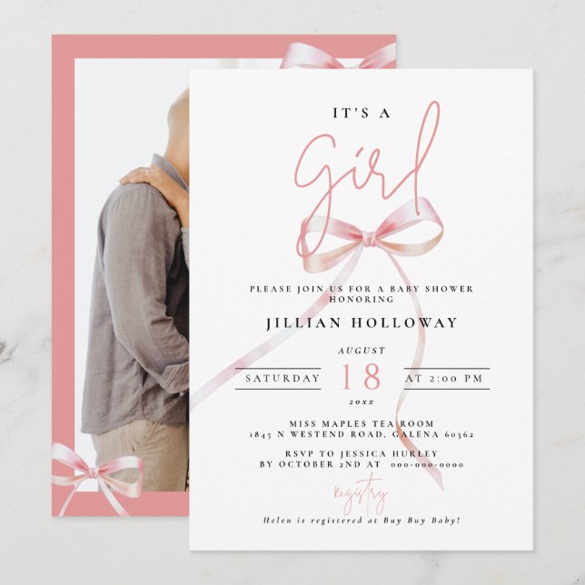 Minimalist Pink BOW Its a girl Baby Shower Invitation (Front/Back)