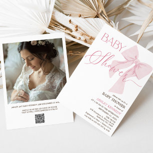 Minimalist Pink Bow QR Code Baby Shower Invitation