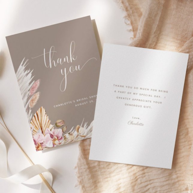 Minimalist Pink Brown Boho Floral | Bridal Shower  Thank You Card (Creator Uploaded)