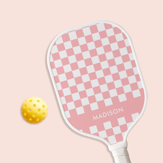 Minimalist Pink Chequered Monogram Pickleball Paddle (Creator Uploaded)