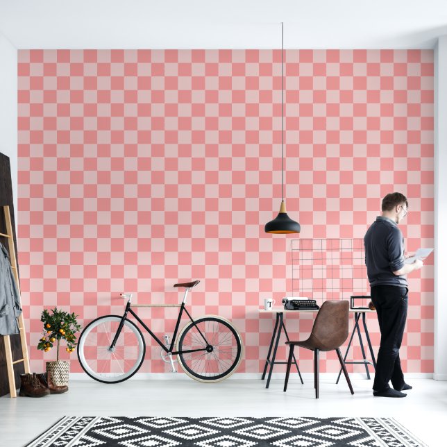 Minimalist Pink Chequered Pattern Wallpaper (Living Room)