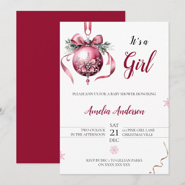 Minimalist Pink Christmas Ornament Baby Shower Invitation (Front/Back)