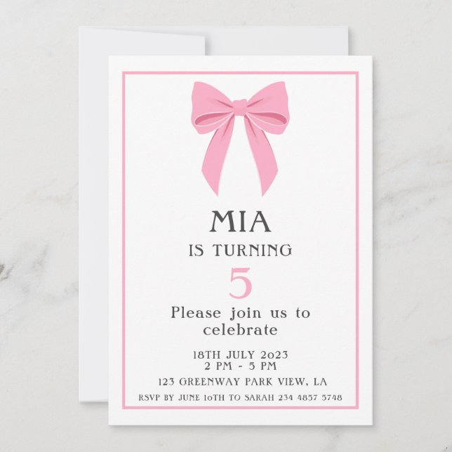 Minimalist Pink Coquette Bow Birthday Girl Invitation (Front)