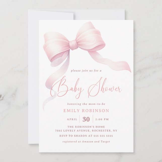 Minimalist Pink Coquette Bow Girl Baby Shower Invitation (Front)