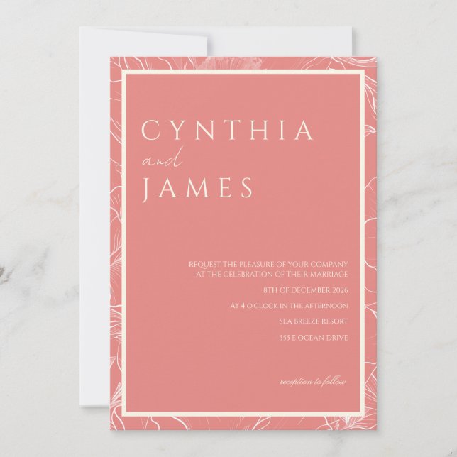 Minimalist Pink Coral Botanical Wedding Invitation (Front)
