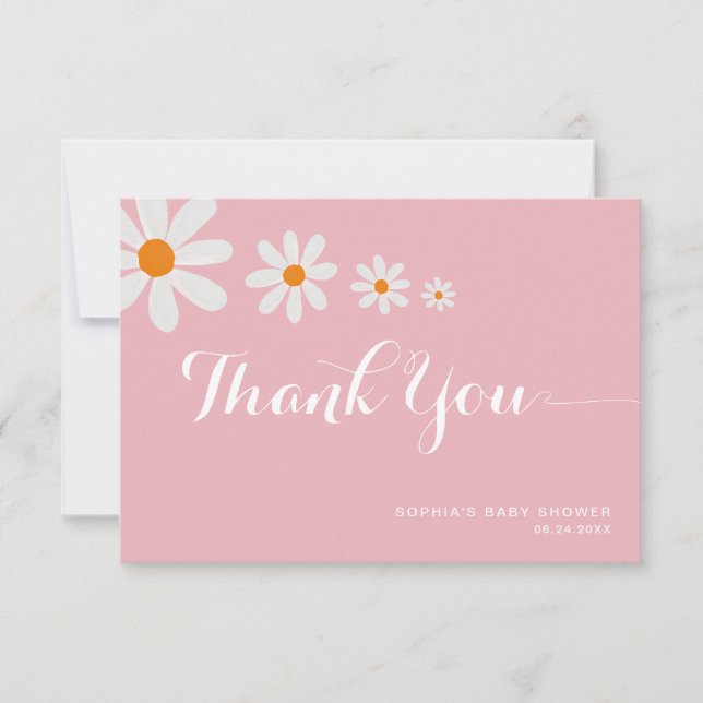 Minimalist Pink Daisy Flowers Girly Baby Shower Thank You Card (Front)