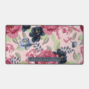 Minimalist Pink Floral Desk Mat and Custom Name