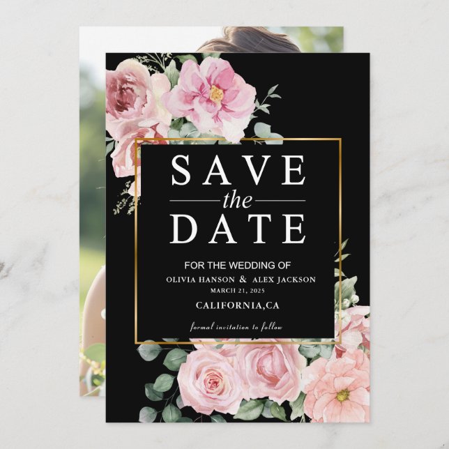 Minimalist pink flowers Photo Black Wedding  Save The Date (Front/Back)