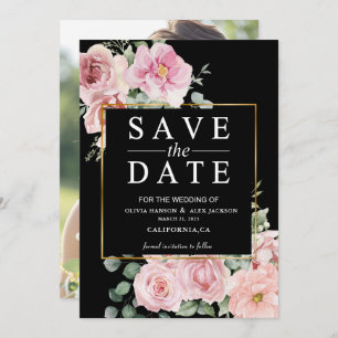 Minimalist pink flowers Photo Black Wedding Save The Date