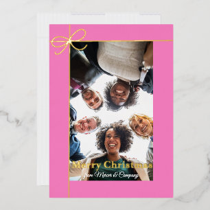 Minimalist Pink Gift Wrap and Bow Photo Gold Real Foil Holiday Card