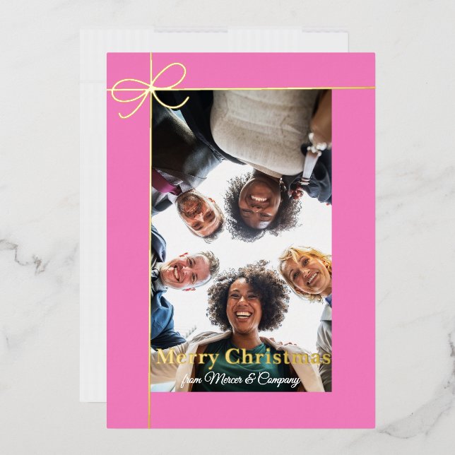 Minimalist Pink Gift Wrap and Bow Photo Gold Real Foil Holiday Card (Envelope)