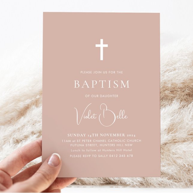 Minimalist Pink Girls Christening Baptism   Invitation (Pink Baptism Invitation)
