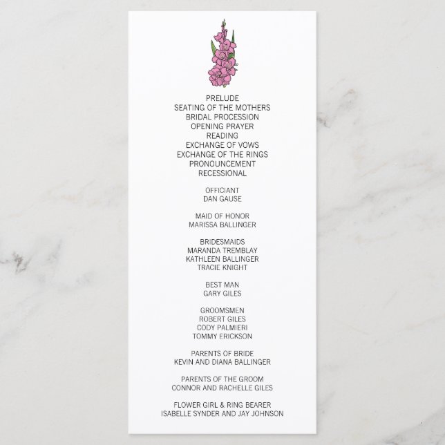 Minimalist Pink Gladiolus Wedding Program Programme (Front)