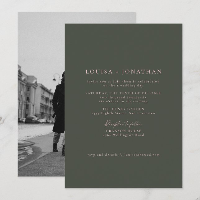 Minimalist Pink Green Formal Script Photo Wedding Invitation (Front/Back)