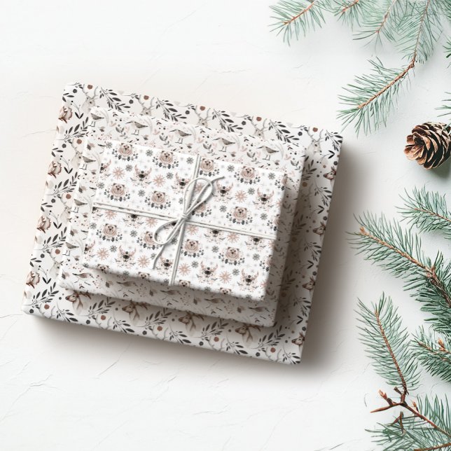 Minimalist Pink & Grey Christmas Animal Pattern Wrapping Paper Sheet (Minimalist Pink & Gray Christmas Animal Pattern Wrapping Paper Sheets)