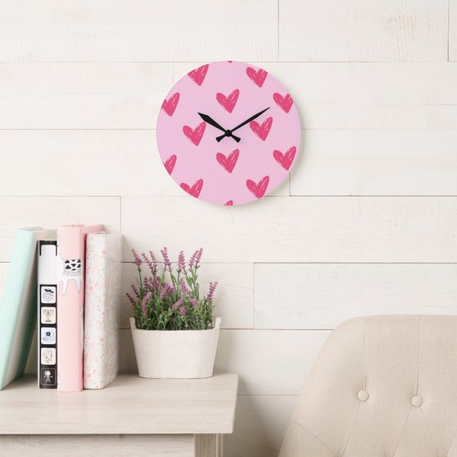 Minimalist Pink Hand Drawn Hearts Pattern Wall Clo Large Clock (Reading Room)