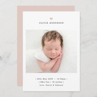 Minimalist Pink Heart Girl Birth Announcement