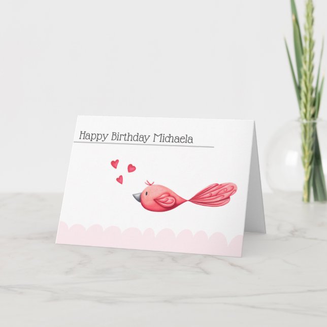 Minimalist Pink Hearts and Bird Happy Birthday Card (Front)