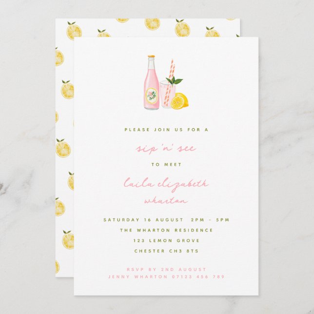 Minimalist Pink Lemonade Baby Sip and See Invitation (Front/Back)