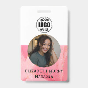  Minimalist Pink Marble Business Employee ID Badge