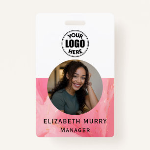  Minimalist Pink Marble Business Employee ID ID Badge