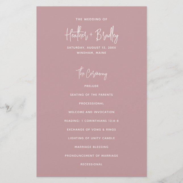 Minimalist Pink Modern Wedding Program (Front)
