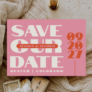 Minimalist Pink Orange Retro Script Wedding Photo Save The Date
