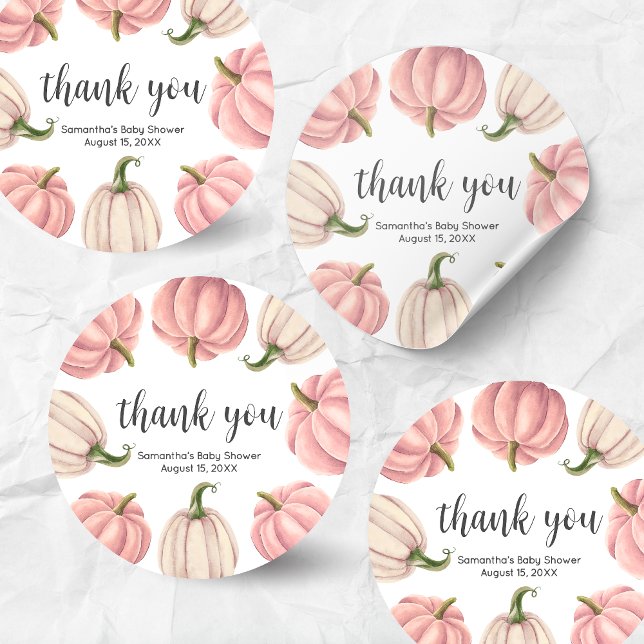 Minimalist Pink Pumpkin Fall Baby Shower Classic Round Sticker (Pink Pumpkin Baby Shower Round Sticker)