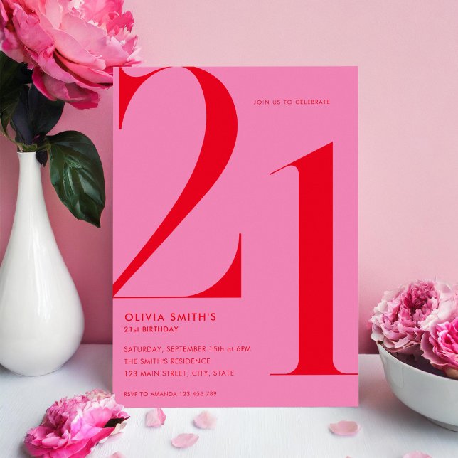 Minimalist Pink Red Modern Chic 21st Birthday Invitation (Creator Uploaded)