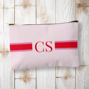 Minimalist Pink Red Stripe Initial Monogram Accessory Pouch