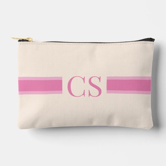 Minimalist Pink Red Stripe Initial Monogram Accessory Pouch (Front)