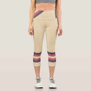 Minimalist, Pink Retro Stripes, Text on Cream Capri Leggings