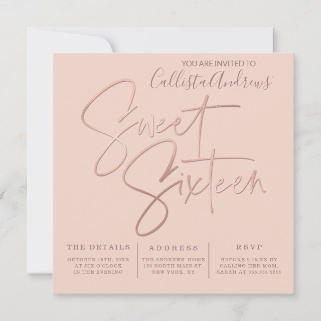 Minimalist Pink Rose Gold Typography Sweet 16 Invitation (Front)