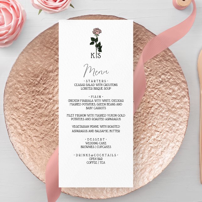 Minimalist Pink Rose Monogram Wedding Menu (Creator Uploaded)