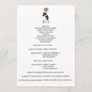 Minimalist Pink Rose Monogram Wedding Program Programme
