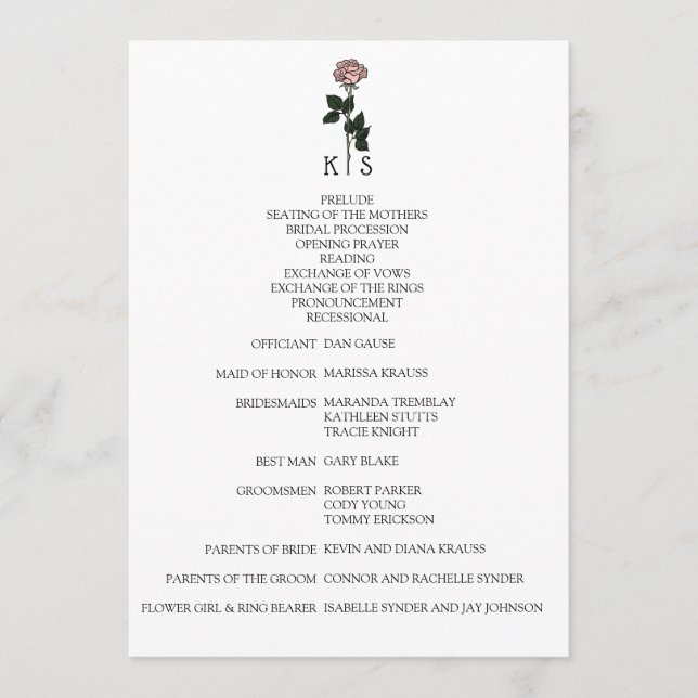 Minimalist Pink Rose Monogram Wedding Program Programme (Front)