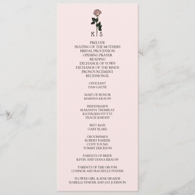 Minimalist Pink Rose Monogram Wedding Programme (Front)