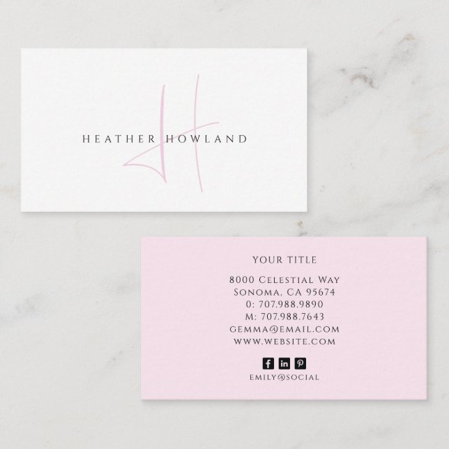 Minimalist Pink Script Monogram Name   Business Card (Front/Back)