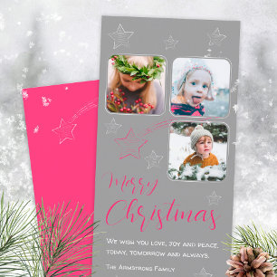 Minimalist Pink Shooting Star 3 Photo Script Holiday Card