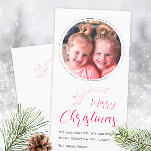 Minimalist Pink Shooting Star One Photo Holiday Card