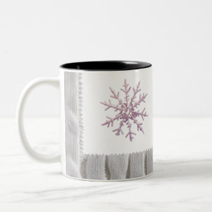 Minimalist Pink Snowflake White Cable Knit  Two-Tone Coffee Mug
